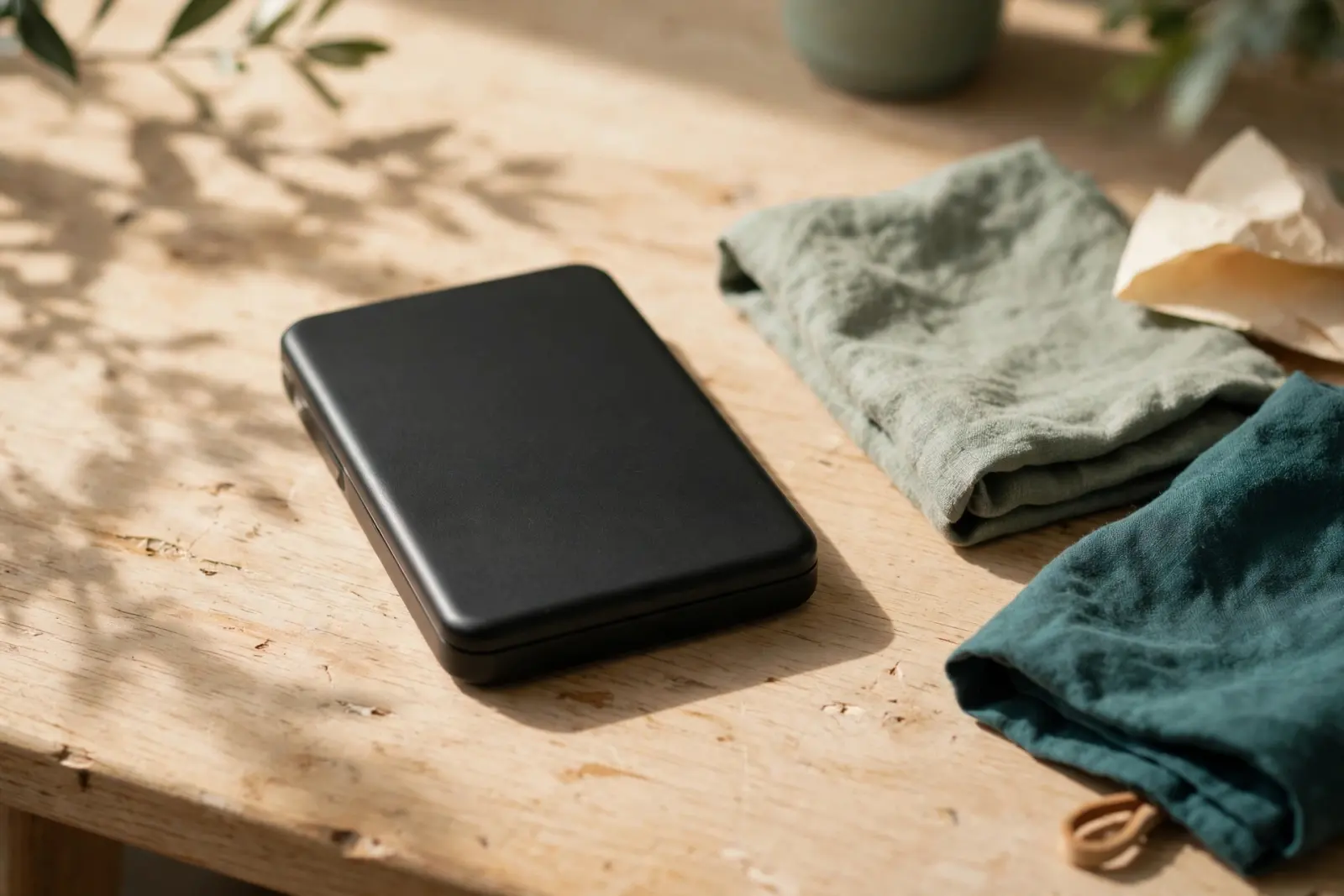 A closed portable hard drive on a quiet pale oak desk with a single plant shadow across the wood