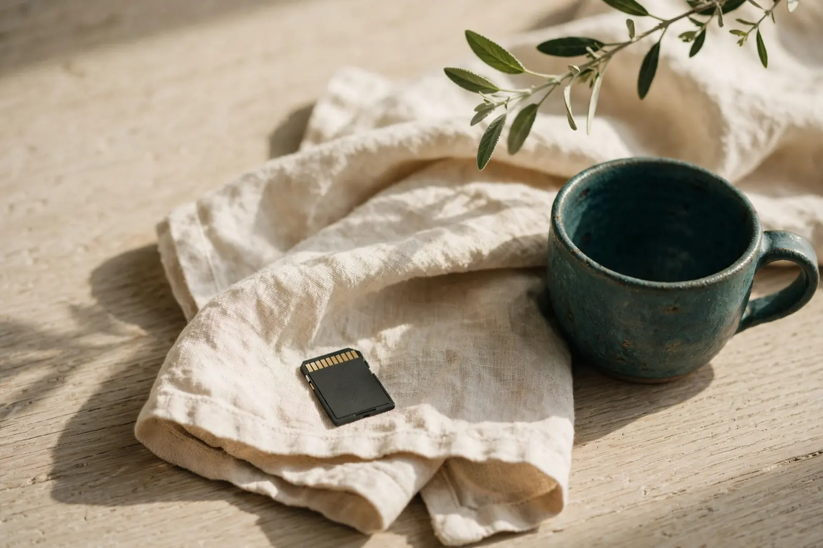 A small SD memory card resting on folded linen beside a ceramic cup, with a plant shadow across the wood