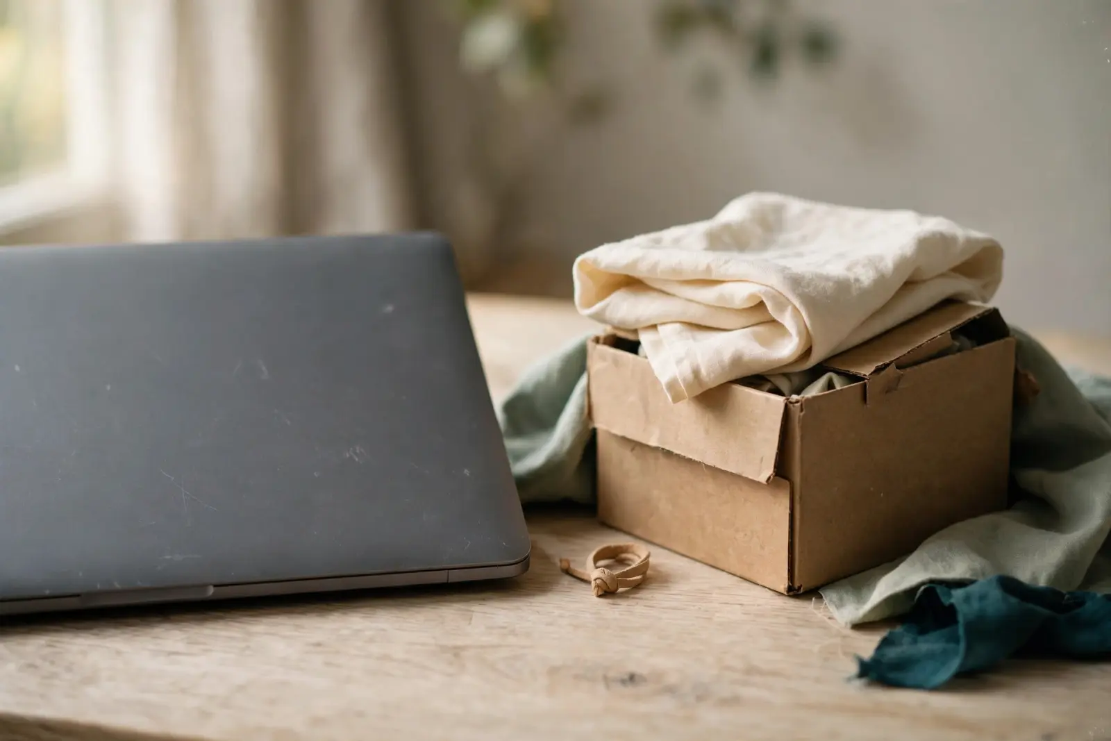A closed laptop beside a small cardboard archive box with a folded cream cloth on pale oak wood