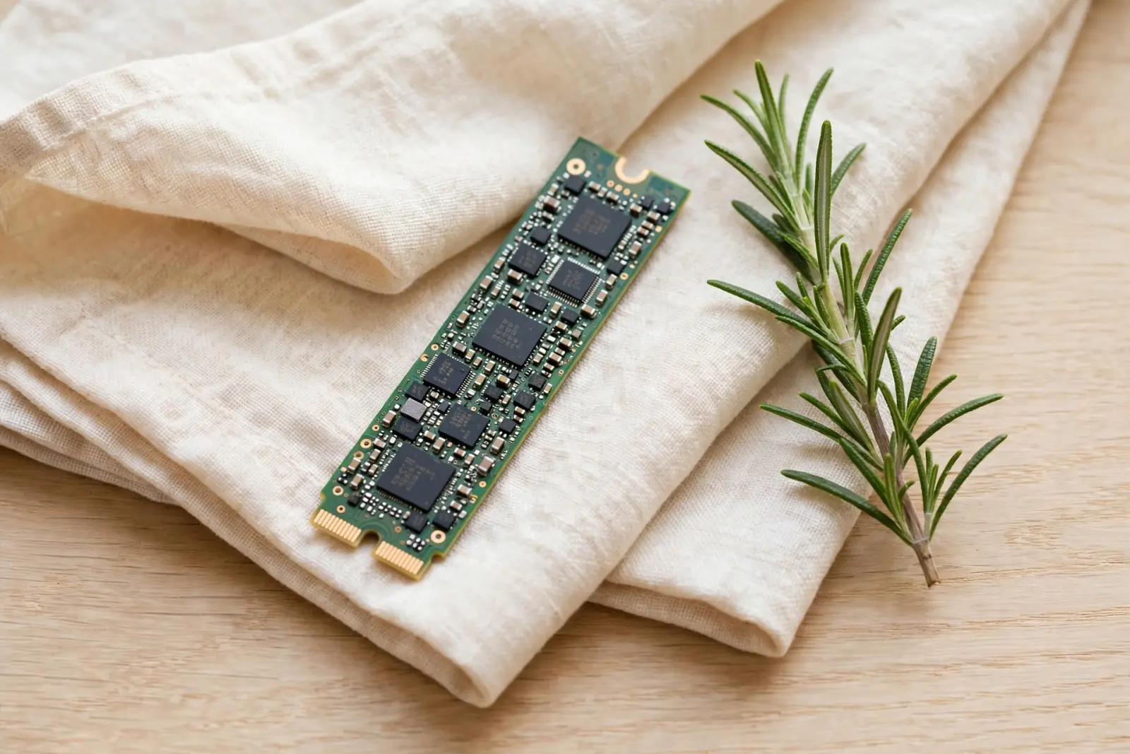 A slim bare solid state stick resting on folded cream linen beside a sprig of rosemary on pale oak wood